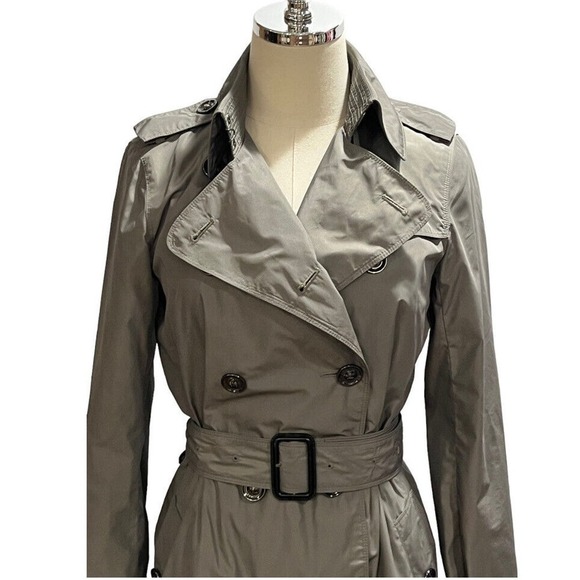 Burberry London Double Breasted Belted Green Gray Ruffled Trench Coat Sz US 6 - Picture 2 of 16